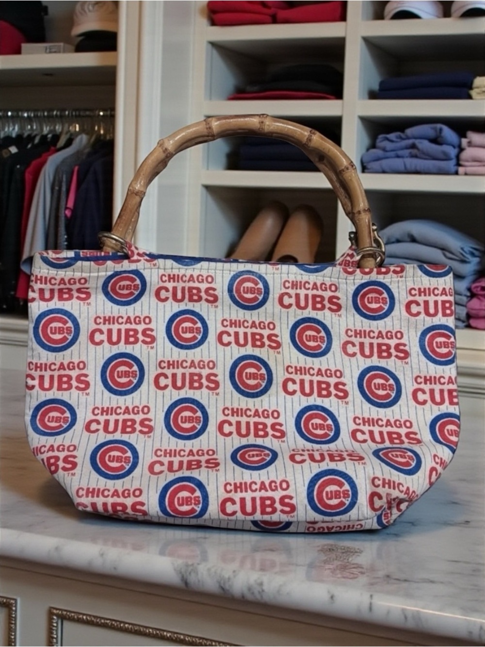 Vintage Chicago Cubs Canvas Purse with Bamboo Handles and Gold Hardware​